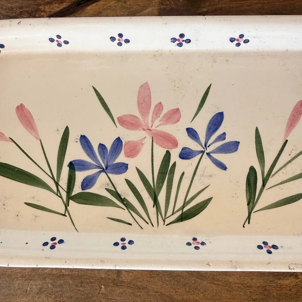 Vintage Hand Painted Floral Ceramic Tray Oval Folk Art Decorative Platter Cream